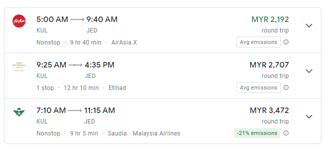 Contoh carian tiket penerbangan pergi dan balik